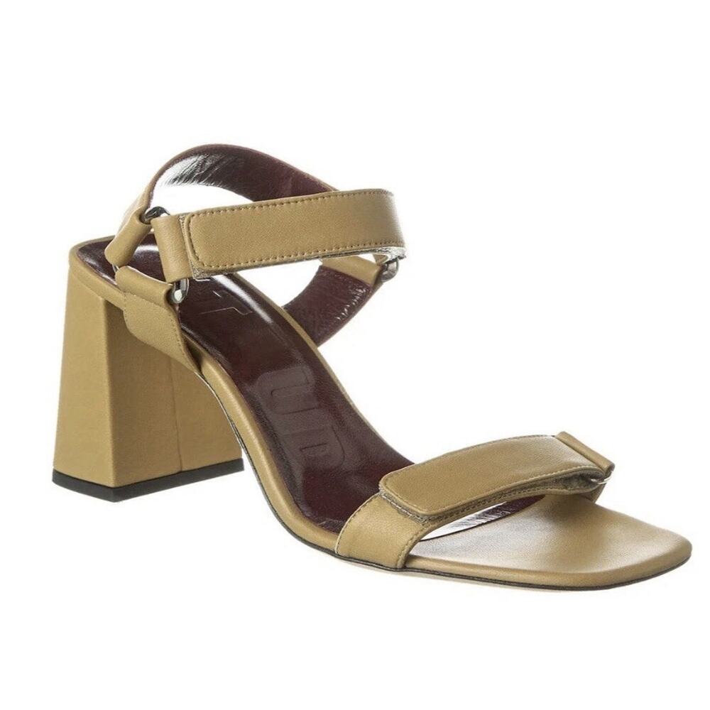 STAUD Betty Leather Block Heel Sandal Khaki Size 9.5 Hook And Loop Square Toe